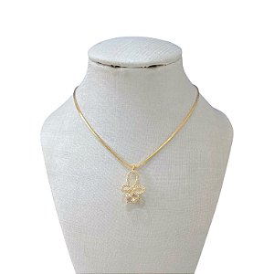 Colar Folheado Ouro 18k Laminada Borboleta Cravejada Ponto de Luz