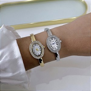 Relógio Aço Feminino Bracelete Oval Strass