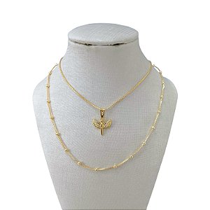 Colar Duplo Folheado Ouro 18k Bolinhas Espírito Santo Cravejado