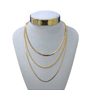 Colar Triplo Folheado Ouro 18k Fita Laminada Torcida