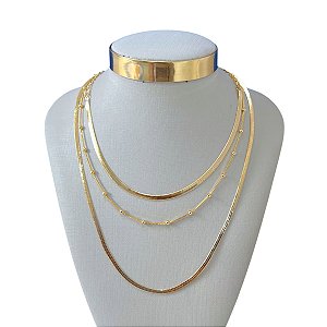 Colar Triplo Folheado Ouro 18k Fita Laminada Bolinhas