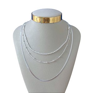 Colar Triplo Folheado Prata 925 Fita Laminada Bolinhas Cordão Baiano
