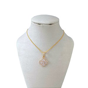 Colar Folheado Ouro 18k e Prata 925 Trevo Cravejado