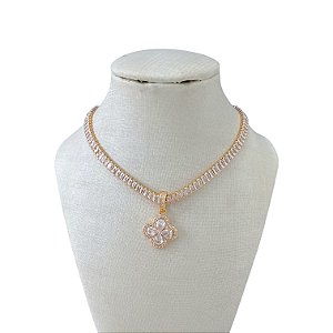 Colar Folheado Ouro 18k e Prata 925 Riviera Trevo Cravejado