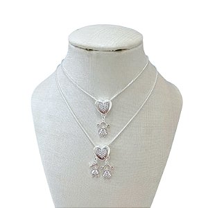 Colar Folheado Prata 925 Coração Filhos Cravejados