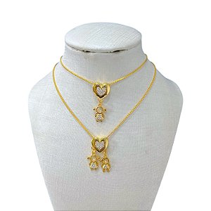 Colar Folheado Ouro 18k e Prata 925 Coração Filhos Cravejados