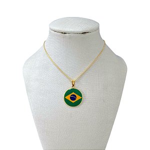 Colar Folheado Ouro 18k Bandeira do Brasil Redondo