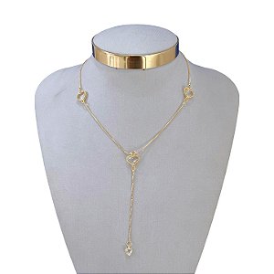 Colar Folheado Ouro 18k e Prata 925 Corações Cristais Gravatinha