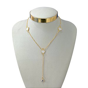 Colar Folheado Ouro 18k e Prata 925 Corações Cristais Gravatinha