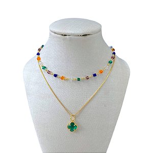 Choker Dupla Folheada Ouro 18k Cristais Trevo