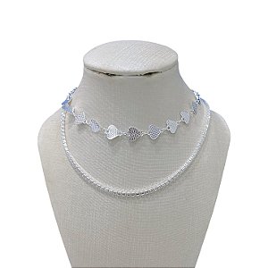 Choker Dupla Folheada Ouro 18k e Prata 925 Riviera Corações Trabalhado