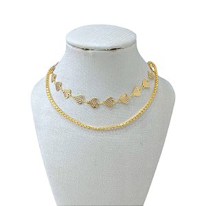 Choker Dupla Folheada Ouro 18k Riviera Corações Trabalhado