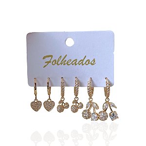 Trio Brincos Folheado Ouro 18k e Prata 925 Argolas Coração cereja Cravejado