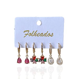 Trio Brincos Folheado Ouro 18k e Prata 925 Argolas Gotas Trevo Cravejado