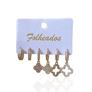 Trio Brincos Folheado Ouro 18k e Prata 925 Argolas Trevos Vazado Cravejado