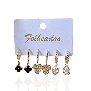 Trio Brincos Folheado Ouro 18k e Prata 925 Argolas Trevo Minnie Gota Cravejado