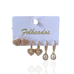 Trio Brincos Folheado Ouro 18k e Prata 925 Argolas Coração Gota Cravejado