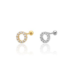 Piercing Aço Inoxidável Dourado e Prata Tragus Redondo Vazado Cravejado