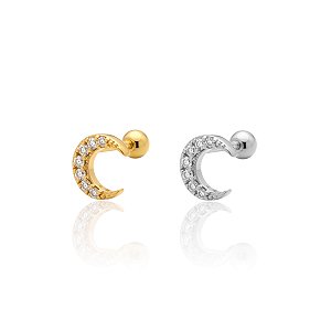 Piercing Aço Inoxidável Dourado e Prata Tragus Lua Cravejada