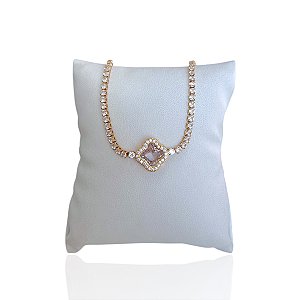 Pulseira Folheada Ouro 18k e Prata 925 Riviera Trevo Cristal Cravejado Trava