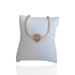 Pulseira Folheada Ouro 18k e Prata 925 Riviera Coração Vazado Cravejado Trava