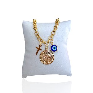 Pulseira Folheada Ouro 18k Elos Português São Bento Olho Grego Cruz