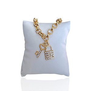 Pulseira Folheada Ouro 18k Elos Português Cadeado Chave Cravejada