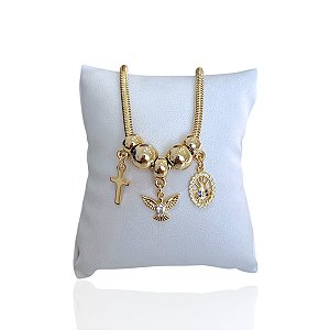 Pulseira Folheada Ouro 18k e Prata 925 Malha Espírito Santo Nossa Senhora Cruz