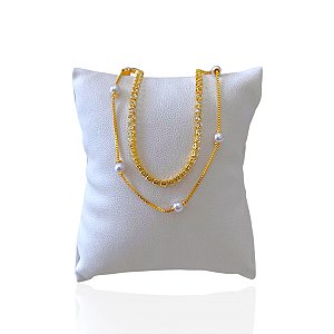 Pulseira Folheada Ouro 18k Dupla Riviera Bolinhas Pérolas
