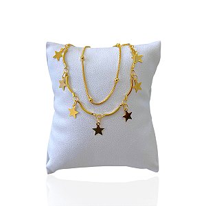 Pulseira Folheada Ouro 18k Dupla Bolinhas Estrelas