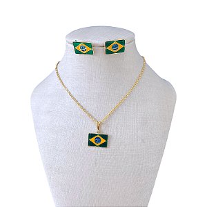 Conjunto Folheado Ouro 18k e Prata 925 Bandeira do Brasil