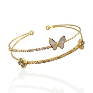 Bracelete Folheado Ouro 18k e Prata 925 Borboleta Madrepérola Trevo Cravejado