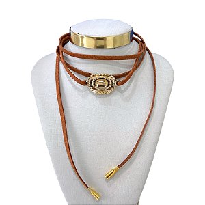 Choker Couro Bijuteria Dourado e Prata Country Chapéu