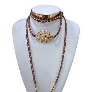 Choker Couro Bijuteria Dourado e Prata Country Cavalo