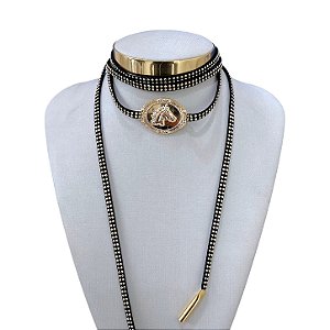 Choker Couro Bijuteria Dourado Country Cavalo