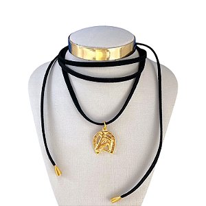 Choker Couro Bijuteria Dourado Country Ferradura Cavalo