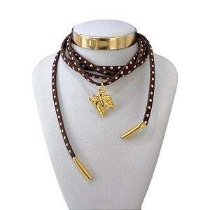 Choker Couro Bijuteria Dourado Country Cavalo
