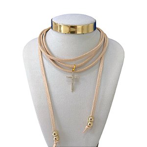 Choker Couro Bijuteria Dourado Cruz Strass