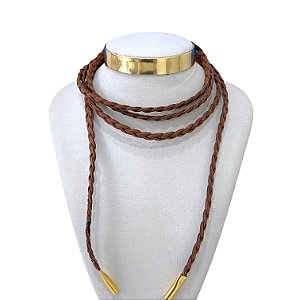 Choker Couro Trançado Bijuteria Dourado Country