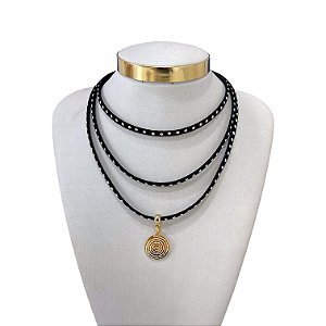 Choker Couro Tripla Bijuteria Dourado Pai Nosso