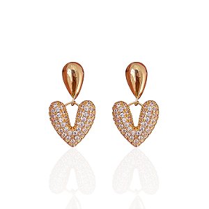 Brinco Folheado Ouro 18k e Prata 925 Coração Cravejado