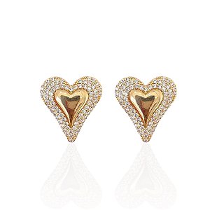 Brinco Folheado Ouro 18k e Prata 925 Coração Cravejado