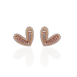 Brinco Folheado Ouro 18k e Prata 925 Coração Cravejado