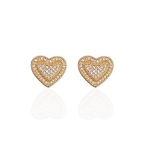 Brinco Folheado Ouro 18k e Prata 925 Coração Cravejado