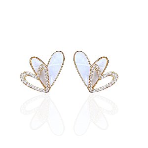 Brinco Folheado Ouro 18k e Prata 925 Coração Madrepérola Vazado Cravejado