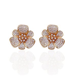 Brinco Folheado Ouro 18k e Prata 925 Flor Cravejada