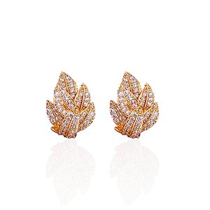 Brinco Folheado Ouro 18k e Prata 925 Folhas Cravejada