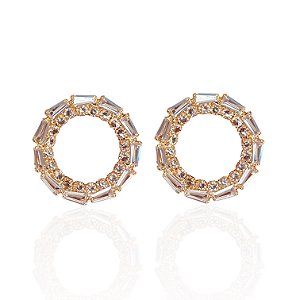 Brinco Folheado Ouro 18k e Prata 925 Redondo Vazado Cravejado