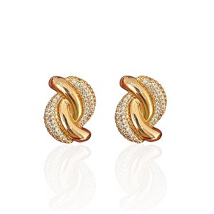 Brinco Folheado Ouro 18k e Prata 925 Elo Torcido Cravejado
