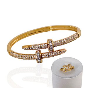 Conjunto Anel e Bracelete Folheado Ouro 18k e Prata 925 Inspired Prego Cravejado